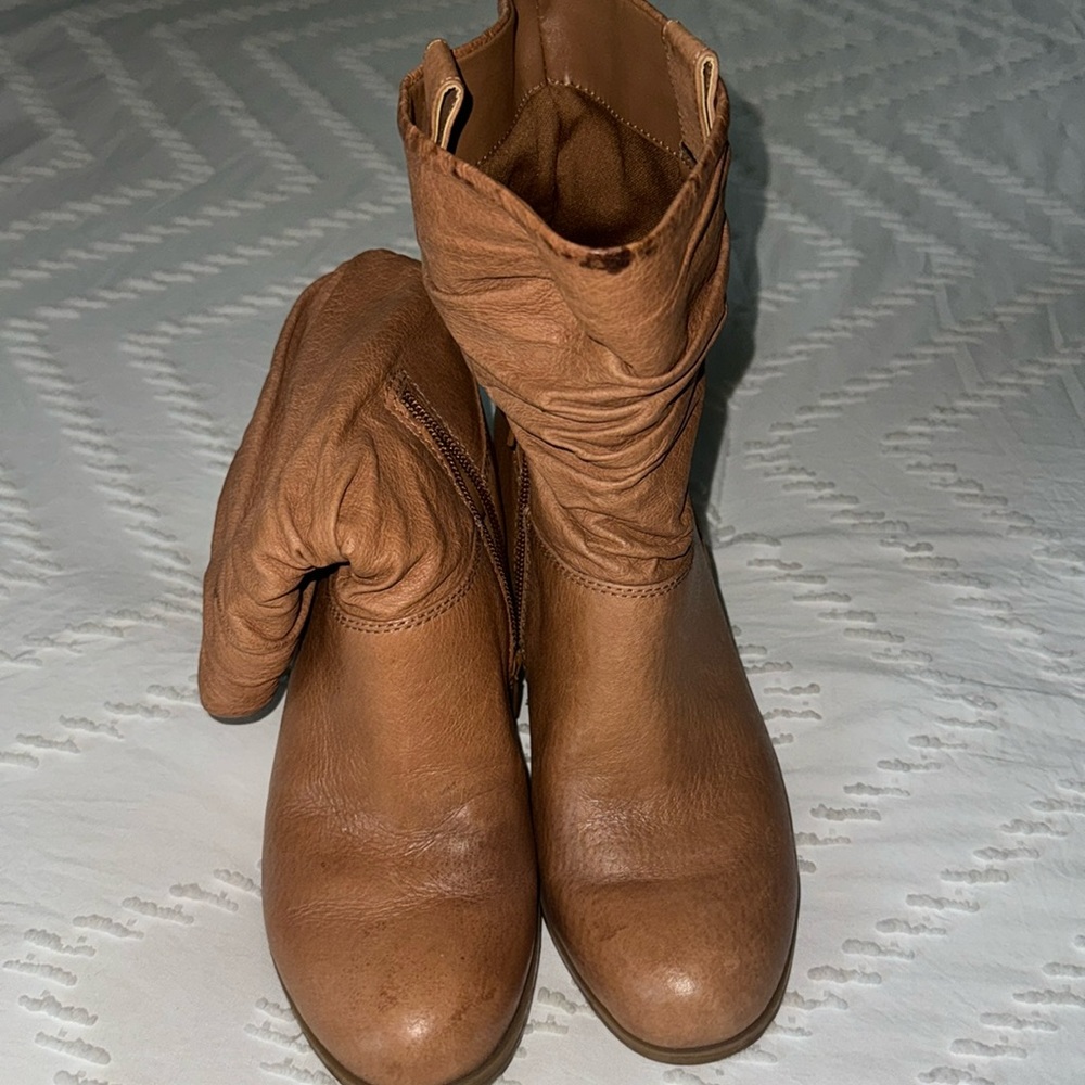EUC Nine West Leather Brown Cognac Boots Size 6.5 Western Slouchy Midcalf 3"Heel